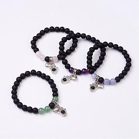 Bracelets de perles de pierres précieuses naturelles, avec l'alliage charme, coeur et le palmier, argent antique