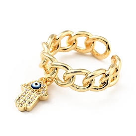Cubic Zirconia Hamsa Hand with Evil Eye Open Cuff Ring with Enamel, Brass Hollow Ring for Women, Cadmium Free & Lead Free