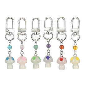 Resin Mushrooms Pendant Decorations, with Gemstone Round Bead and Alloy Swivel Clasps, for Backpack, Keychain Decor