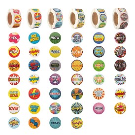 6 Rolls 6 Style Word of Encouragement for Children Self-Adhesive Paper Stickers, Flat Round Adhesive Labels Roll Stickers, Gift Tag