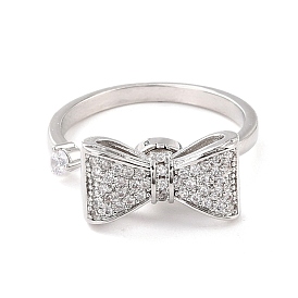 Bowknot Rotatable Open Ring for Women, Brass Cubic Zirconia Fidget Spinner Rings, Adjustable Relieve Stress Cuff Ring