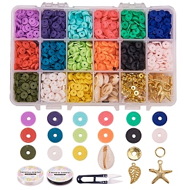SUNNYCLUE DIY Jewelry Set Kits, with Eco-Friendly Handmade Polymer Clay Heishi Beads, Brass Spacer Beads, Cowrie Shells, Alloy Pendants, Iron Jump Rings, Elastic Crystal Thread, Steel Scissors