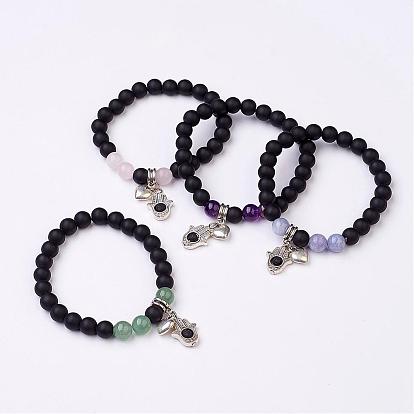 Bracelets de perles de pierres précieuses naturelles, avec l'alliage charme, coeur et le palmier, argent antique