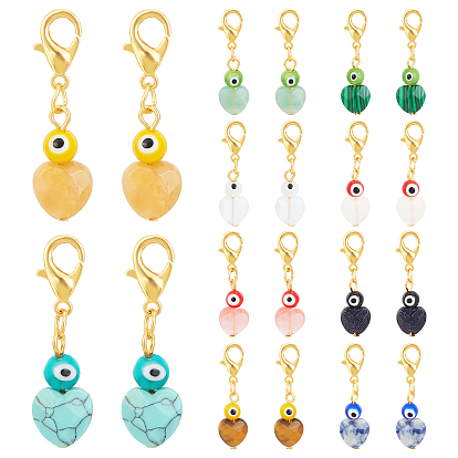 20Pcs 10 Colors Natural Gemstone Pendant Decoration, with Zinc Alloy Lobster Claw Clasps, Iron Pins & Jump Rings