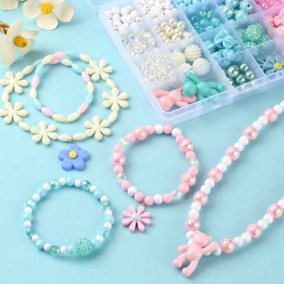 DIY Colorful Bead & Pendant Kid Jewelry Set Making Kit, Including Opaque Acrylic & Resin Beads & Pendants,  Iron Hair Band Findings, Plastic & 304 Stainless Steel Findings, Thread, Scissors