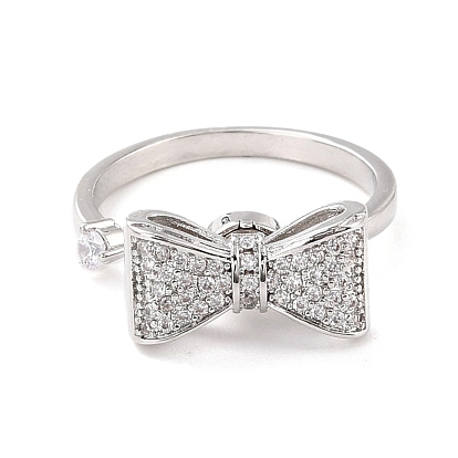 Bowknot Rotatable Open Ring for Women, Brass Cubic Zirconia Fidget Spinner Rings, Adjustable Relieve Stress Cuff Ring