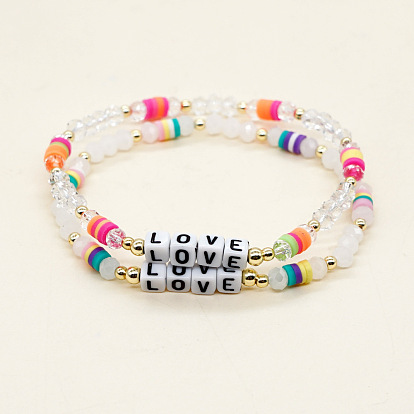 Chic Gemstone Elastic Bracelet with Crystal Beads and LOVE Letter Charm
