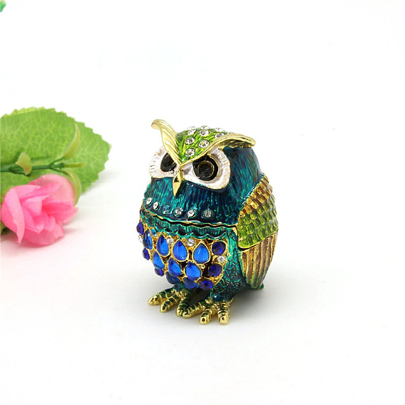 Owl Alloy Jewelry Storage Boxes with Enamel and Rhinestone, Tabletop Portable Case Ornament with Magnetic Clasps, for Ring Earring Holder, Gift for Women