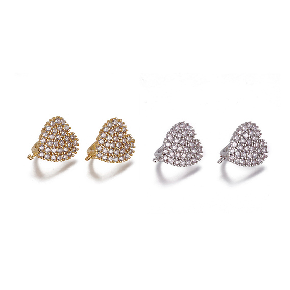 Brass Hoop Earring Findings with Latch Back Closure, with Micro Pave Cubic Zirconia and Loop, Heart