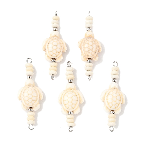 Подвески-коннекторы из синтетических окрашенных бирюзовых бусин в виде черепахи-рондель, с 304 петлями из нержавеющей стали, цвет нержавеющей стали