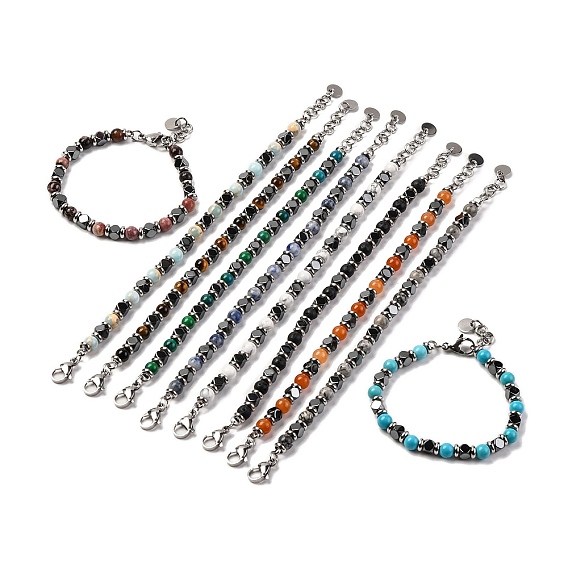 Браслет из круглых бусин из натуральных смешанных камней и синтетического гематита