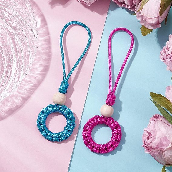 2 шт. 2 цвета полиэстер и спандекс шнур веревки подвеска украшение, с деревянными бусинами и железными кольцами для ключей