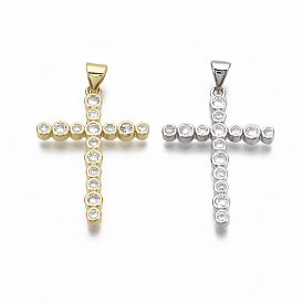 Brass Micro Pave Clear Cubic Zirconia Pendants, Nickel Free, Cross