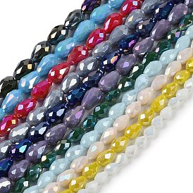 Brins de perles de verre galvanisées de couleur unie opaque, de couleur plaquée ab , facette, larme