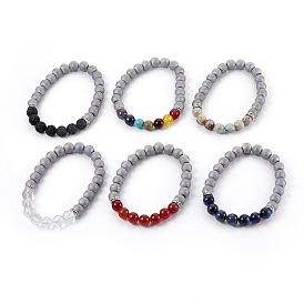 Bracelets élastiques de pierres précieuses mixte, avec des billes d'espacement en alliage et des billes d'hématite synthétique non magnétique plaquées par électrolyse