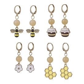 4 Pairs 4 Styles Bee & Flower Alloy Enamel Dangle Leverback Earrings for Women, Natural Topaz Jade Round Beaded Drop Earrings