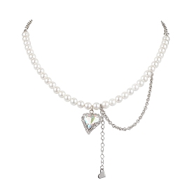Heart Glass Rhinestone Pendant Necklaces, 6mm Pearl Beaded Necklaces, with Iron Rolo Chains