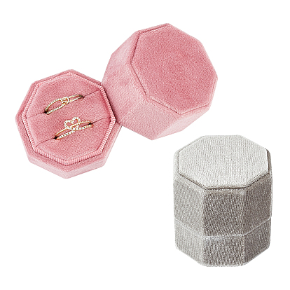 2Pcs 2 Colors  Velvet Rings Box, Octagon with Flip
