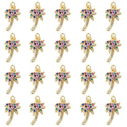 20Pcs Rack Plating Brass Micro Pave Cubic Zirconia Pendants, Real 18K Gold Plated, Long-Lasting Plated, Coconut Tree