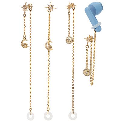 Серьги-гвоздики с кисточками из латуни с прозрачными кубическими цирконами, с латунной цепочкой и силиконовыми стопорными кольцами, Луна и плоский круглый