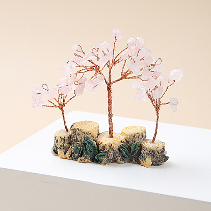 Natural Gemstone Chips Tree of Life Decorations, Mini Resin Stump Base with Copper Wire Feng Shui Energy Stone Gift for Home Office Desktop Decoration