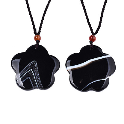 Natural Black Agate Pendant Necklaces, Slider Necklaces, with Random Color Polyester Cords, Flower