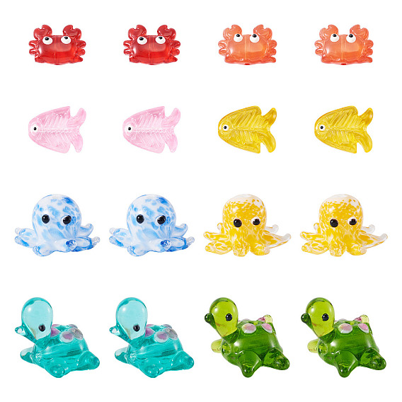 16Pcs 8 Styles Marine Theme Glass Enamel Beads, Mixed Shapes