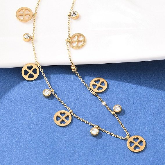 День Святого Патрика 304 Женские ожерелья-нагрудники с кристаллами из нержавеющей стали, стразами, плоскими, круглыми и с кисточками в виде клевера, ионное покрытие (ip)