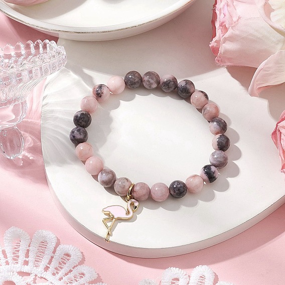 Браслеты из натуральной розовой зебровой яшмы для женщин, с подвесками в форме фламинго из сплава эмали