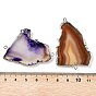 Natural Agate Dyed Nuggets Connector Charms, with Platinum Plated Brass Edge