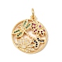 Brass Micro Pave Colorful Cubic Zirconia Pendants, Round with Dragonfly & Flower Charms, Cadmium Free & Lead Free & Nickel Free