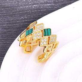 Anillos abiertos de latón con micro pavé de circonita cúbica, rombo, con malaquita