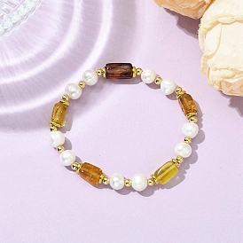 Эластичные браслеты для женщин из натурального культивированного пресноводного жемчуга и янтаря., кубоид и рондель, с латунным
