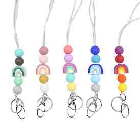 Gradient Color Silicone Round & Rainbow Beaded Name Card Lanyards, Nylon Rope Mobile Straps, with Swivel Clasp & Key Ring