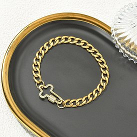 Micro Pave Clear Cubic Zirconia Screw Carabiner Lock Link Bracelets, 304 Stainless Steel Cuban Link Chain Bracelets for Women