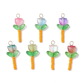 Стеклянные подвески, цветок, с 304 штифтами из нержавеющей стали с плоской головкой и бисером, cmешанных цветов