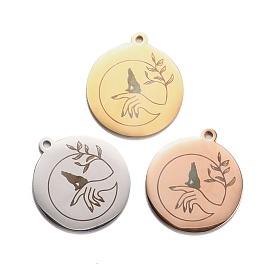 304 Stainless Steel Pendants, Flat Round with Wolf & Hand & Leaf