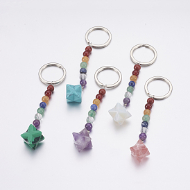Natural/Synthetic Gemstone Chakra Keychain, with Mixed Stone and Platinum Plated Brass Key Rings, Merkaba Star