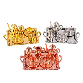 Mini Alloy Tea Cup Sets, includ Teapot, Creamer, Sugar Bowl, Serving Tray, Cup & Saucer, Miniature Ornaments, Micro Landscape Garden Dollhouse Accessories