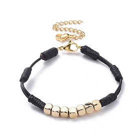 Cowhide Leather Cord Bracelets, with Waxed Cotton Cord, Brass Cube Beads, 304 Stainless Steel Lobster Claw Clasps and Extender Chains
