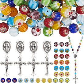 Наборы для самостоятельного изготовления четок из бусин, включая подвески и звенья из сплава крестовины, бусины миллефиори лэмпворк, 304 штыри из нержавеющей стали