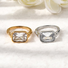 304 Кольца из нержавеющей стали с одиночными кубическими циркониями для женщин, прямоугольные