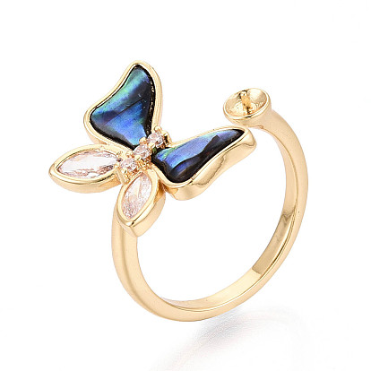 Кольца-манжеты с бабочками из латуни, микропаве из прозрачных кубических цирконий и раковин морских ушек, для полуполых бусин 