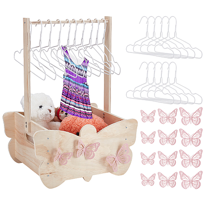 1 Набор для самостоятельной сборки корзины для детской одежды из фанеры, В комплекте: 10 пластиковая детская вешалка и 12 бумажные наклейки-бабочки для украшения стены.