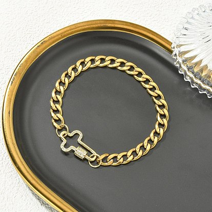 Micro Pave Clear Cubic Zirconia Screw Carabiner Lock Link Bracelets, 304 Stainless Steel Cuban Link Chain Bracelets for Women