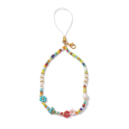 Ремешки для мобильных телефонов из стеклянных семян, натурального говлита и натурального культивированного пресноводного жемчуга, декор для мобильных аксессуаров из нейлонового шнура, цветок