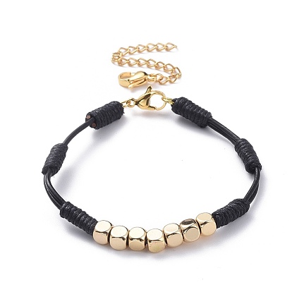 Cowhide Leather Cord Bracelets, with Waxed Cotton Cord, Brass Cube Beads, 304 Stainless Steel Lobster Claw Clasps and Extender Chains