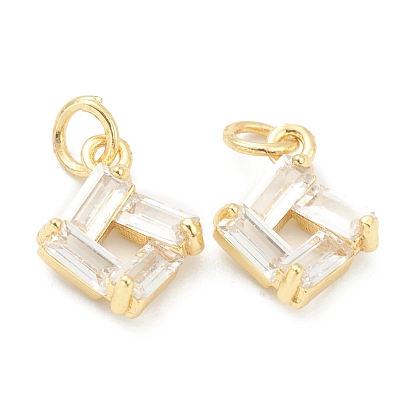 Brass Cubic Zirconia Pendants, Real 18K Gold Plated, with Jump Rings, Square