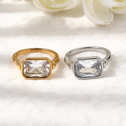 304 Кольца из нержавеющей стали с одиночными кубическими циркониями для женщин, прямоугольные