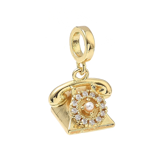 Европейские подвески-шармы с микропаве из латуни, прозрачными кубическими цирконами и искусственным жемчугом из АБС-пластика, телефонные подвески с большим отверстием, без кадмия и без свинца, долговечный, стойки покрытие